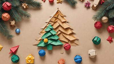 The primary subject of the image is a paper Christmas tree, which is the main object, scene, or focus of the image. The setting is a table with a brown surface, and the visual style is a combination of photo and digital art. The colors and mood of the image are predominantly green and festive, creating a warm and joyful atmosphere.